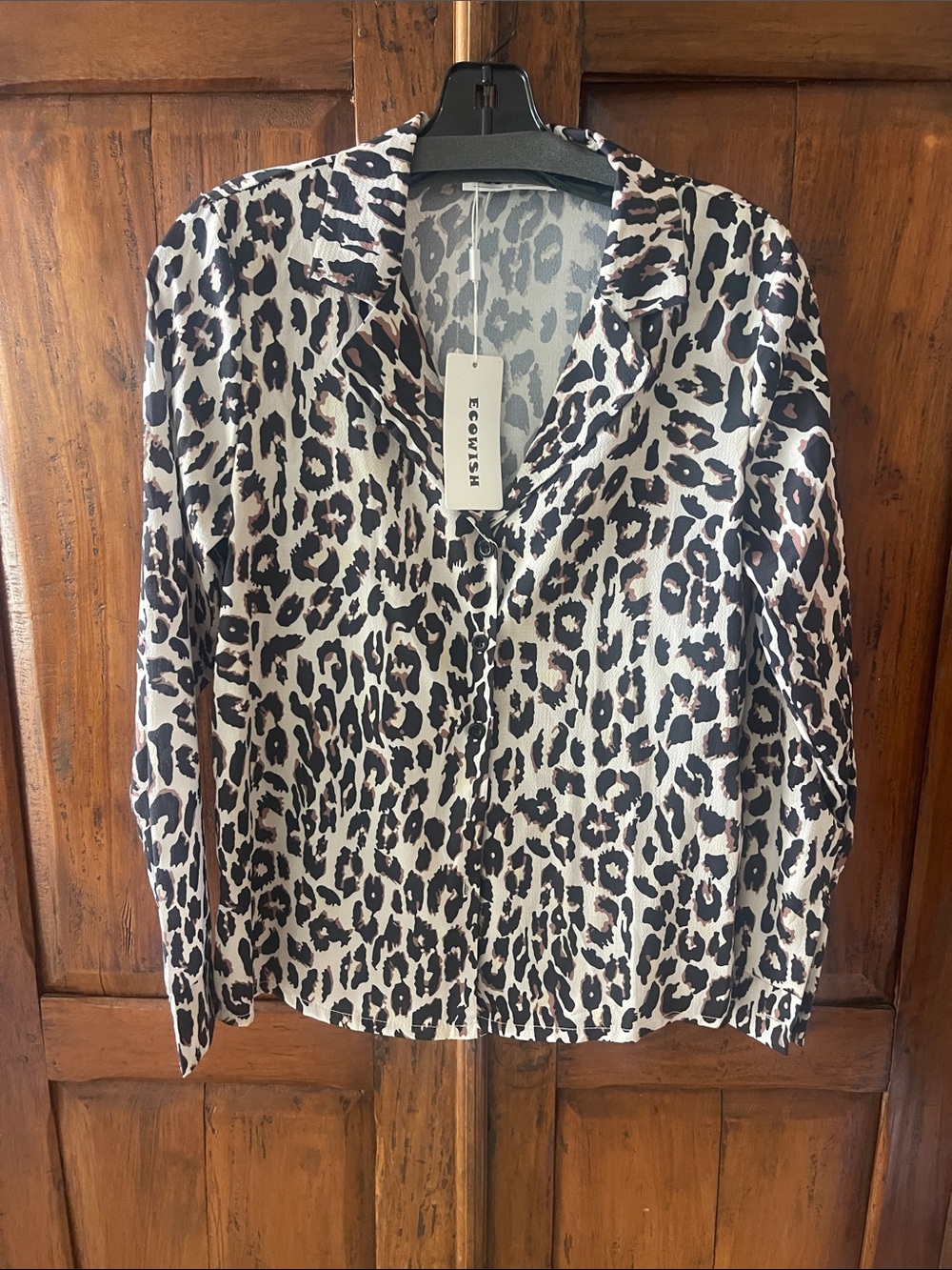 ECOWISH Leopard Print Button-Up Top in Black, Cream, Brown